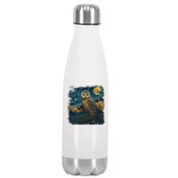 An Owl In The Night Forest Painting Stainless Steel Insulated Water Bottle