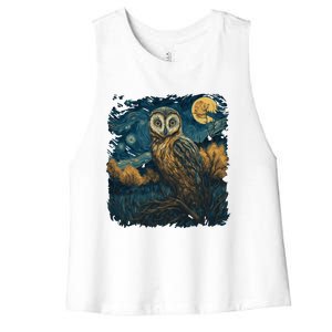 An Owl In The Night Forest Painting Women's Racerback Cropped Tank