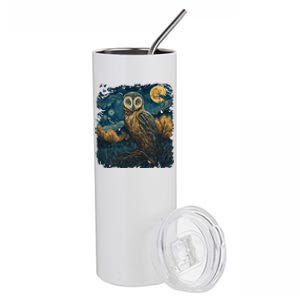 An Owl In The Night Forest Painting Stainless Steel Tumbler