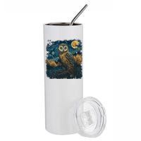 An Owl In The Night Forest Painting Stainless Steel Tumbler