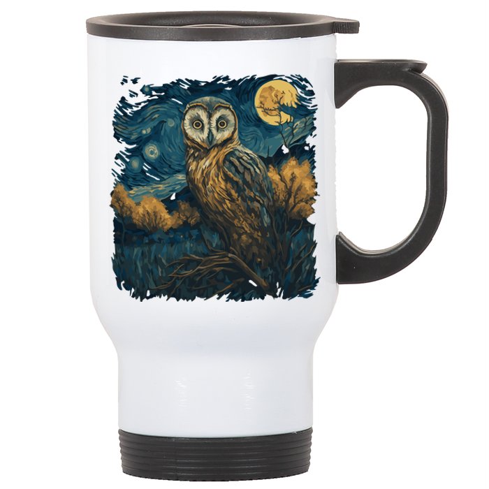 An Owl In The Night Forest Painting Stainless Steel Travel Mug