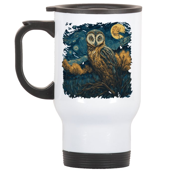 An Owl In The Night Forest Painting Stainless Steel Travel Mug