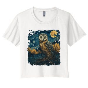 An Owl In The Night Forest Painting Women's Crop Top Tee