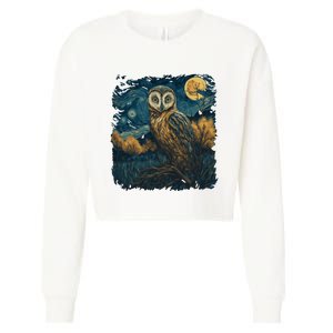 An Owl In The Night Forest Painting Cropped Pullover Crew