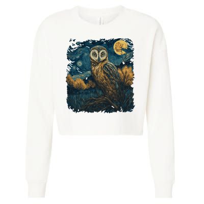 An Owl In The Night Forest Painting Cropped Pullover Crew