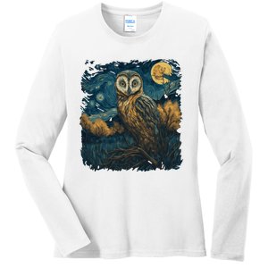 An Owl In The Night Forest Painting Ladies Long Sleeve Shirt