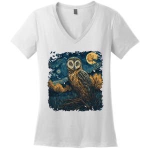 An Owl In The Night Forest Painting Women's V-Neck T-Shirt