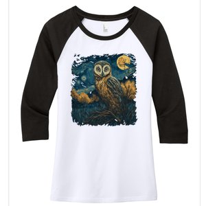 An Owl In The Night Forest Painting Women's Tri-Blend 3/4-Sleeve Raglan Shirt