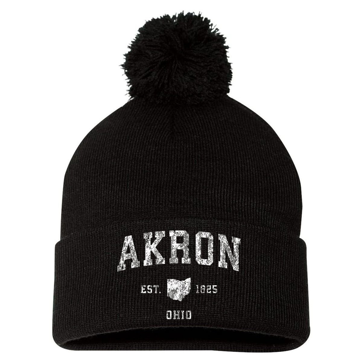 Akron Ohio Oh Vintage Athletic Sports Pom Pom 12in Knit Beanie