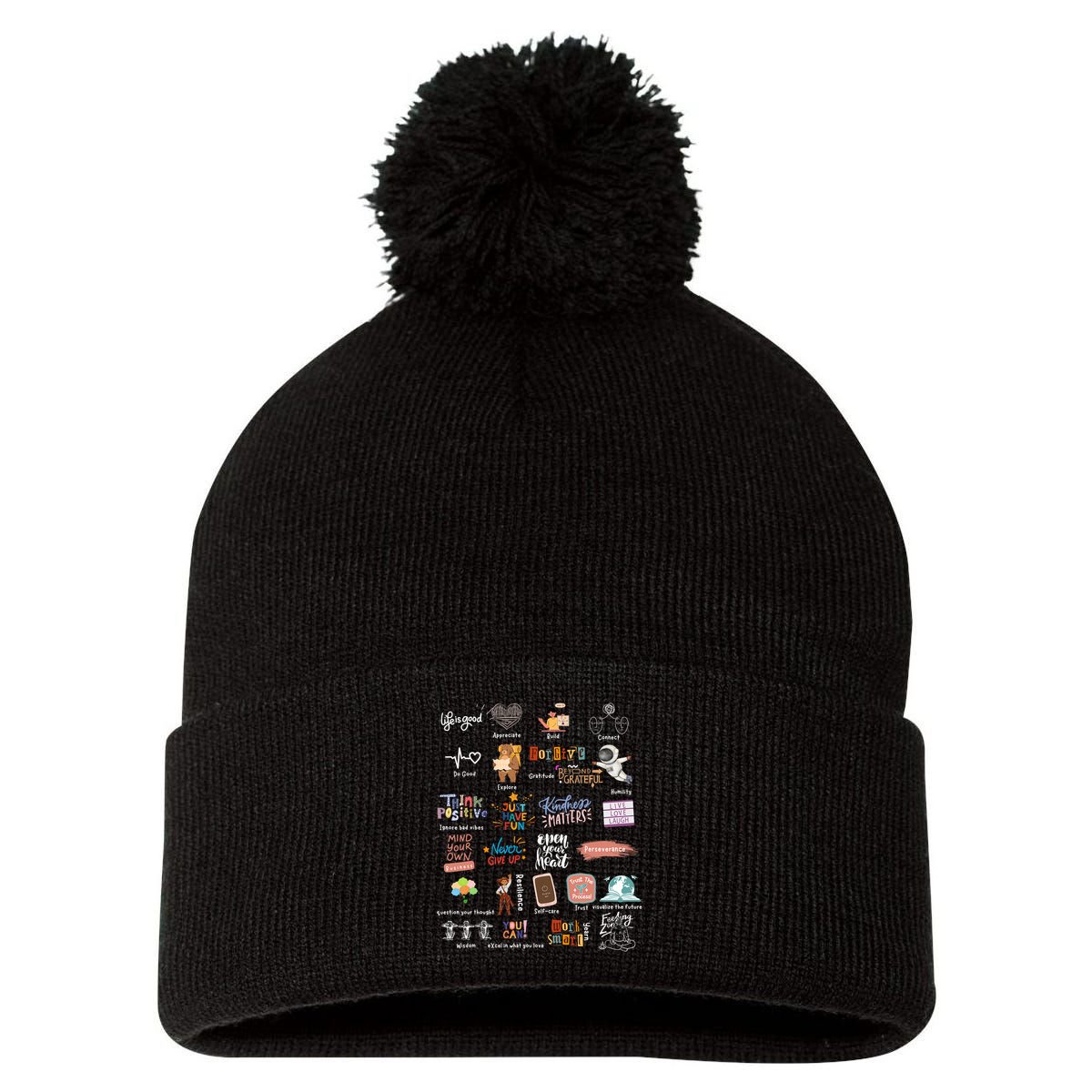Abc Of Positive And Encouraging Words Pom Pom 12in Knit Beanie