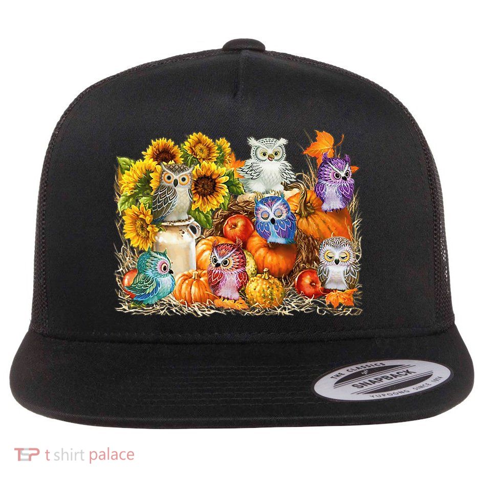 Autumn Owl Sunflower Pumpkin Halloween Costume Flat Bill Trucker Hat