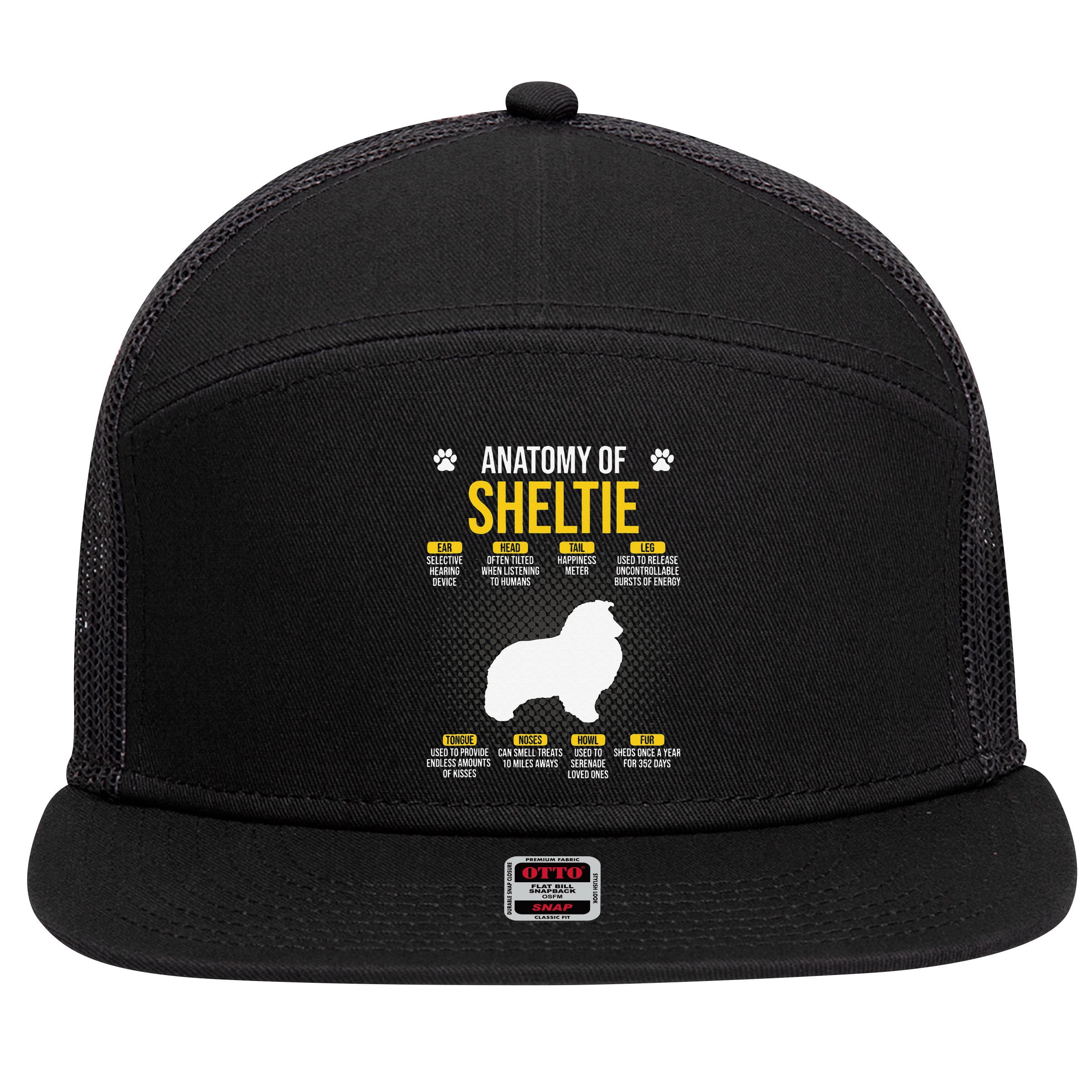 Anatomy Of Sheltie Dog Lover 7 Panel Mesh Trucker Snapback Hat