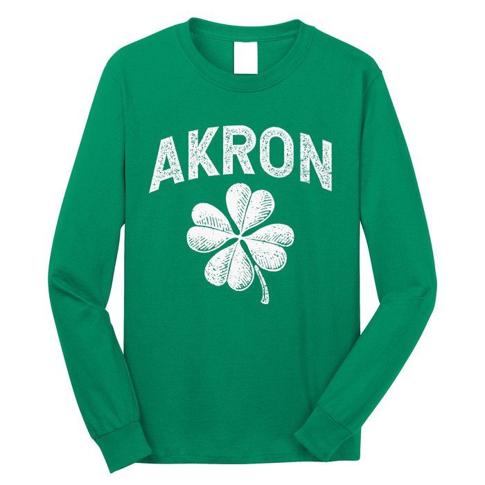 Akron, Ohio St Patrick's Day Shamrock Distressed Retro T Long Sleeve Shirt