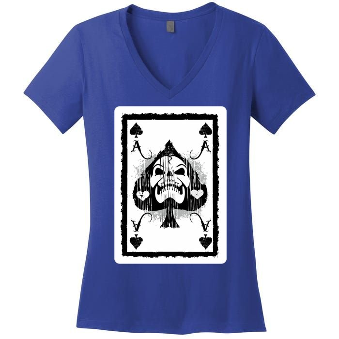 Ace Of Spades Heavy Rock Skull Skeleton Playing Card Funny Gift Women's V-Neck T-Shirt