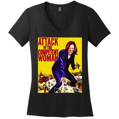 Attack Of The Competent Woman Funny Kamala Harris Vote 2024 Women's V-Neck T-Shirt