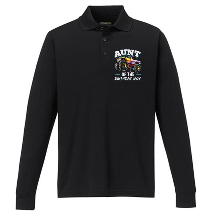 Aunt of the Birthday Monster Truck Birthday Party Performance Long Sleeve Polo