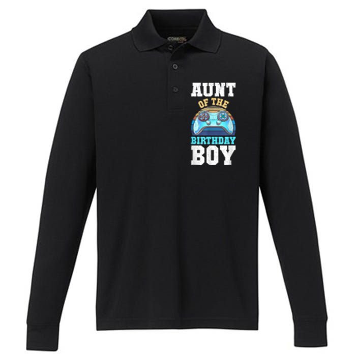 Aunt Of The Birthday Boy Matching Video Gamer Birthday Party Performance Long Sleeve Polo