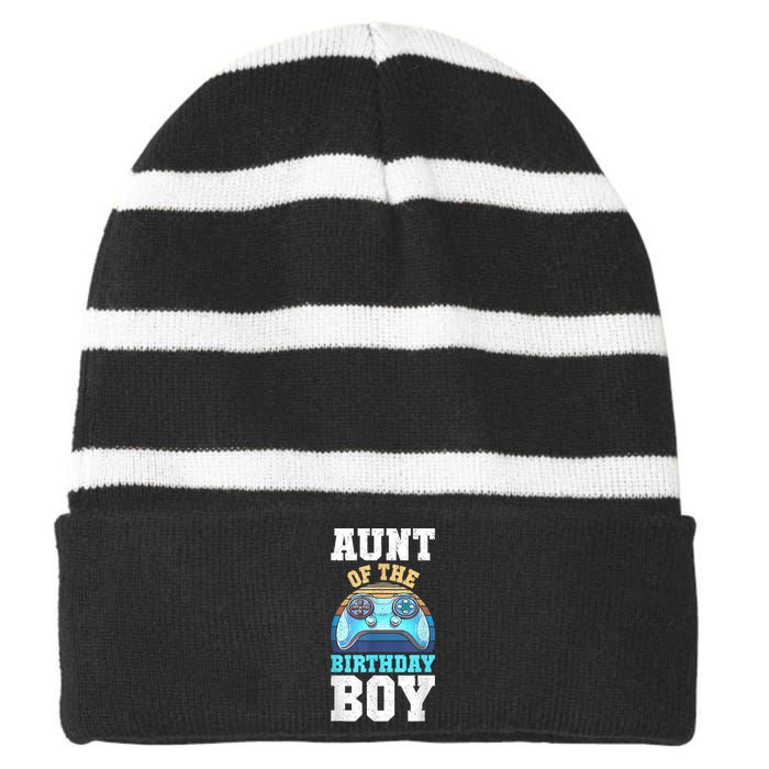 Aunt Of The Birthday Boy Matching Video Gamer Birthday Party Striped Beanie with Solid Band