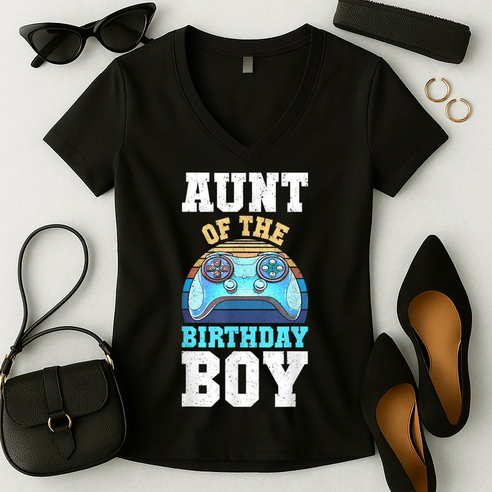 Aunt Of The Birthday Boy Matching Video Gamer Birthday Party Women's V-Neck T-Shirt