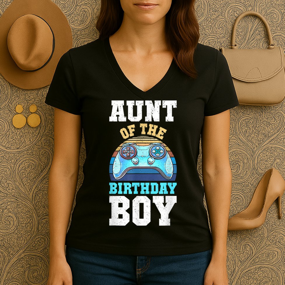Aunt Of The Birthday Boy Matching Video Gamer Birthday Party Women's V-Neck T-Shirt