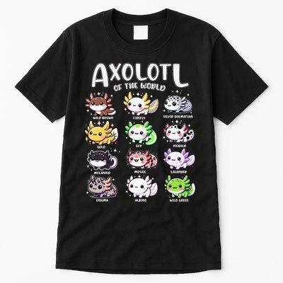 Axolotls Of The World Kawaii Types Of Axolotl Fish Amphibian Tall T-Shirt