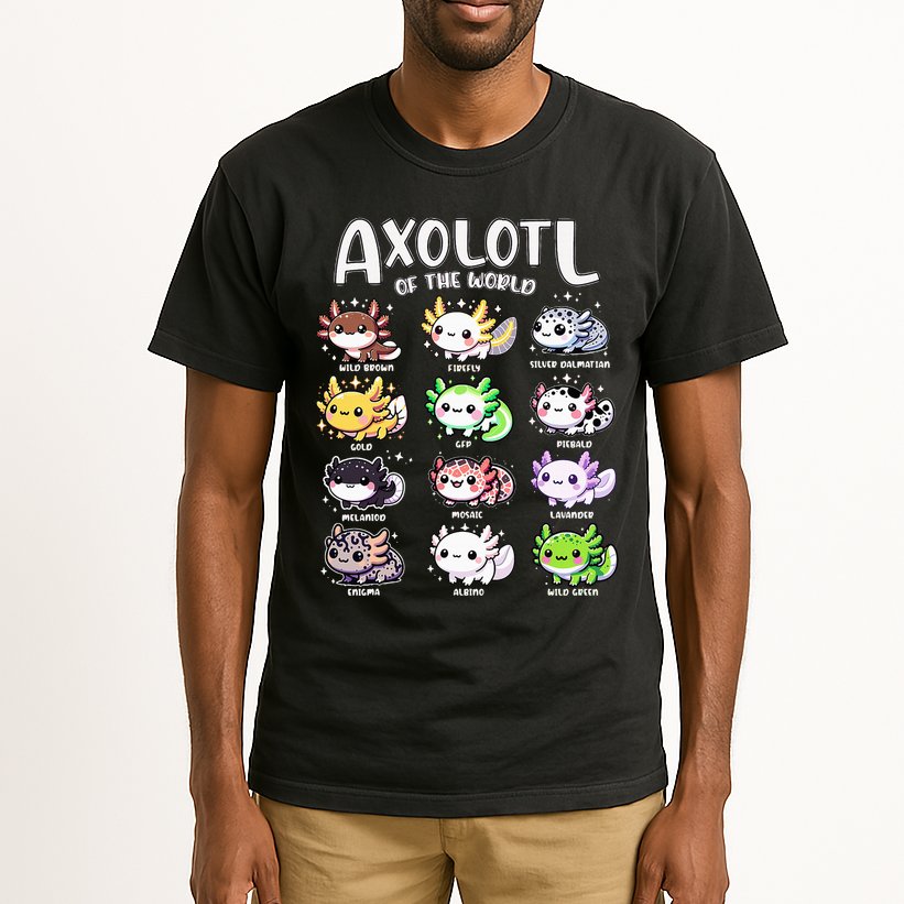 Axolotls Of The World Kawaii Types Of Axolotl Fish Amphibian Tall T-Shirt