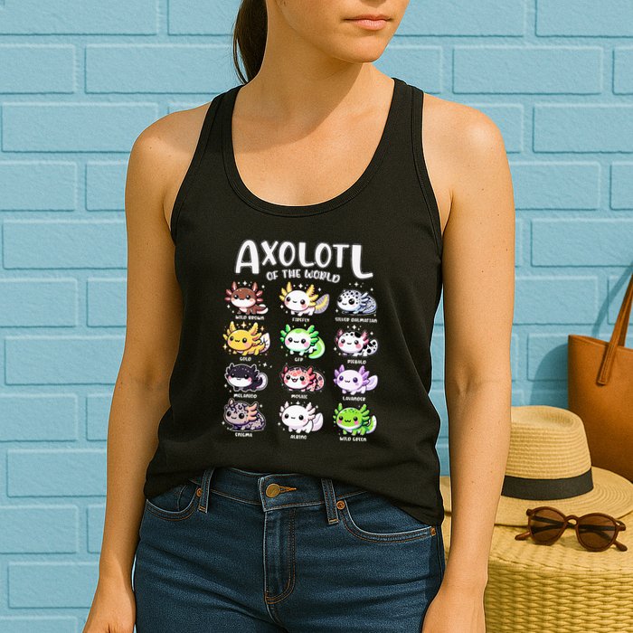 Axolotls Of The World Kawaii Types Of Axolotl Fish Amphibian Womens Tank Top