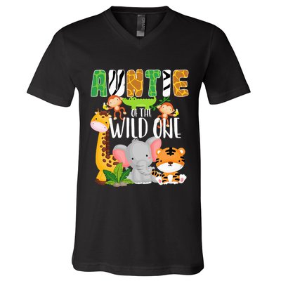 Auntie of the Wild One Zoo Theme Birthday Safari Animals V-Neck T-Shirt
