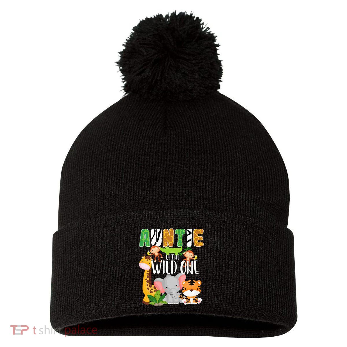 Auntie of the Wild One Zoo Theme Birthday Safari Animals Pom Pom 12in Knit Beanie