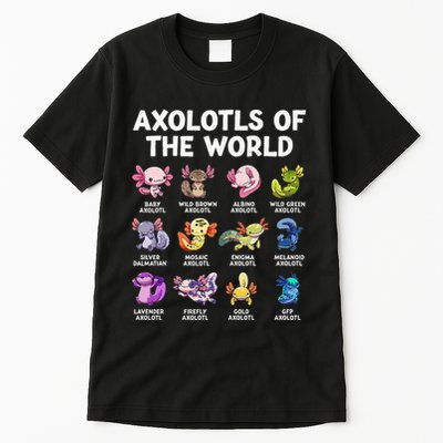 Axolotls Of The World Kawaii Types Of Axolotl Fish Amphibian Tall T-Shirt