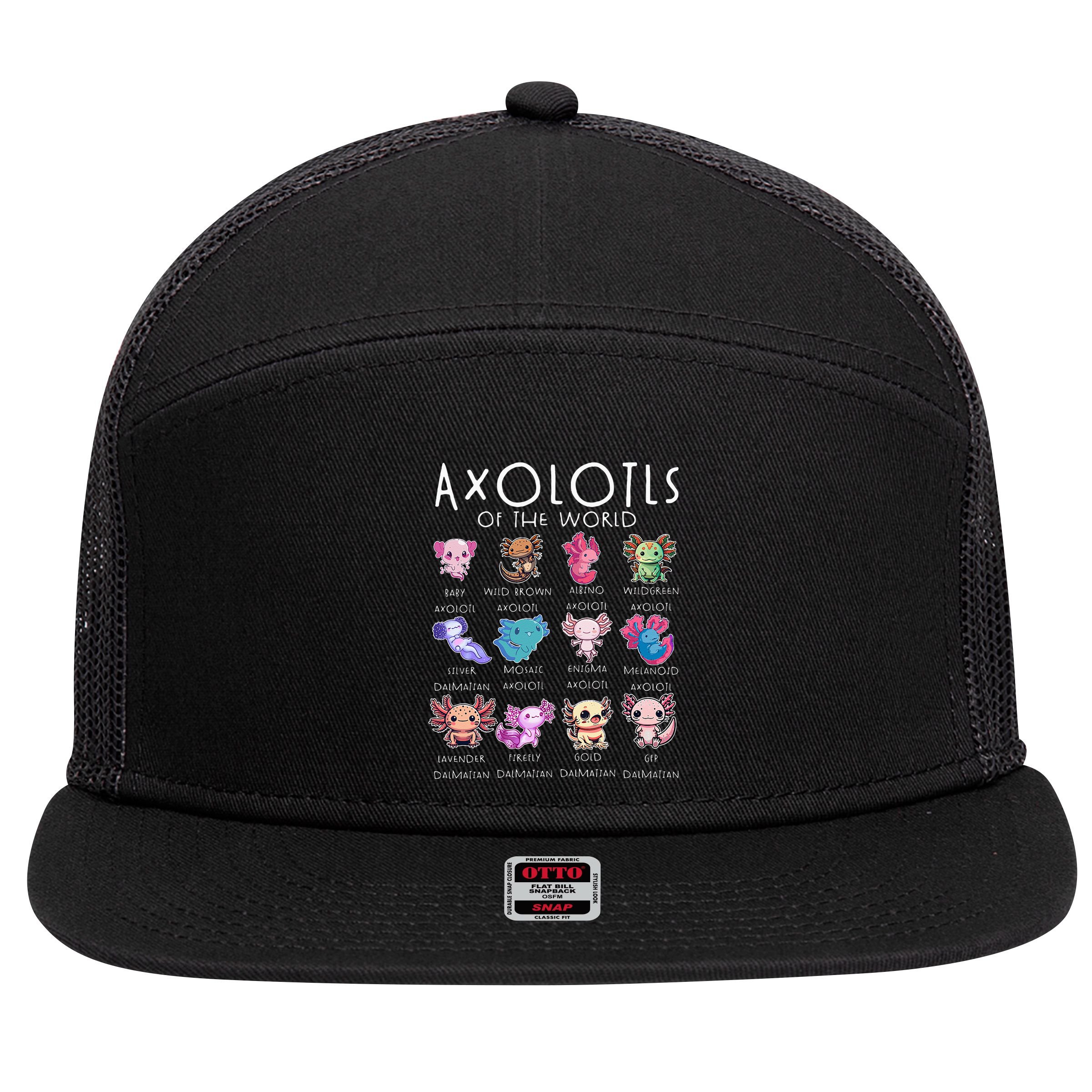 Axolotls Of The World Funny Kawaii Axolotls Girls 7 Panel Mesh Trucker Snapback Hat