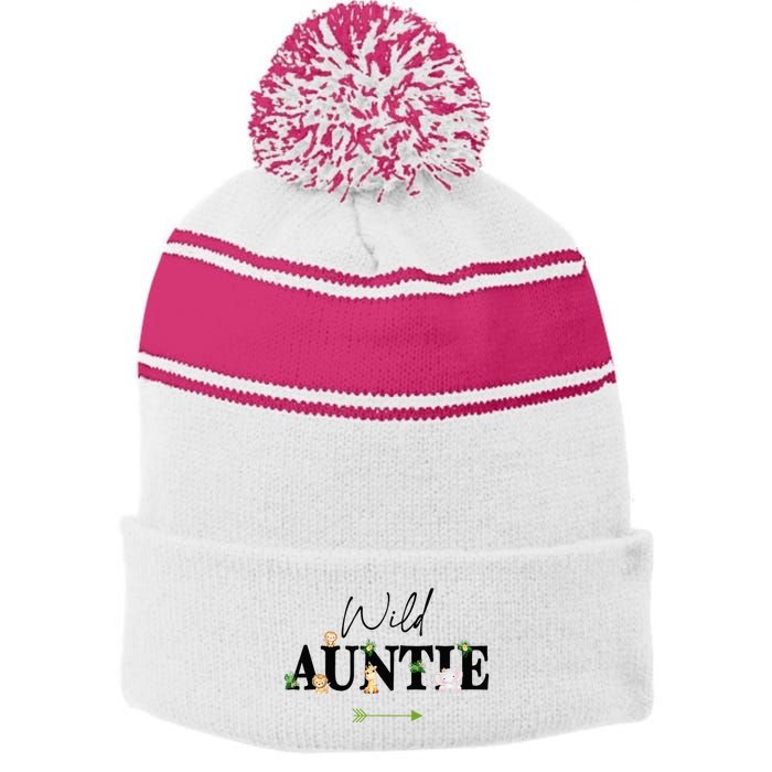 Auntie Of The Wild One Zoo Birthday Safari Jungle Animal Stripe Pom Pom Beanie