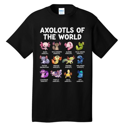 Axolotls Of The World Kawaii Types Of Axolotl Fish Amphibian Tall T-Shirt