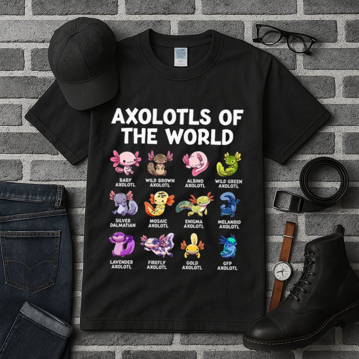 Axolotls Of The World Kawaii Types Of Axolotl Fish Amphibian Tall T-Shirt