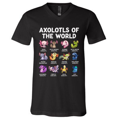 Axolotls Of The World Kawaii Types Of Axolotl Fish Amphibian V-Neck T-Shirt