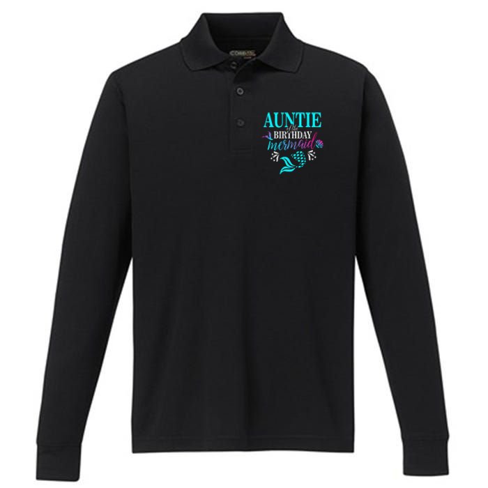 Auntie Of The Birthday Mermaid Matching Family Performance Long Sleeve Polo