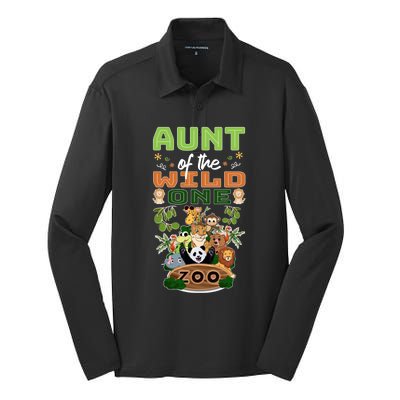 Aunt Of The Wild One Zoo Birthday Safari Jungle Animal Funny Gift Silk Touch Performance Long Sleeve Polo