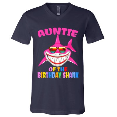 Auntie Of The Baby Birthday Shark Auntie Shark Halloween Day V-Neck T-Shirt