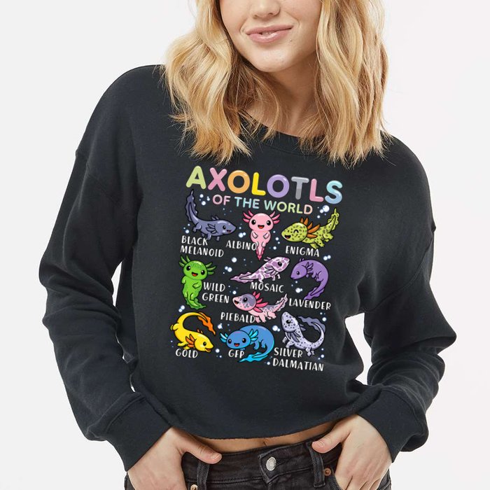 Axolotls Of The World Axolotl Kawaii Animals Salamander Cropped Pullover Crew