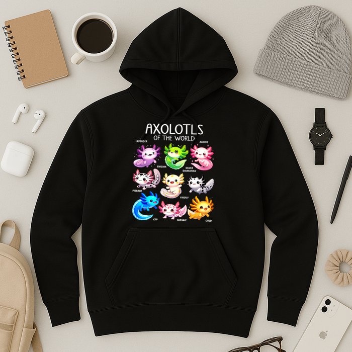Axolotls Of The World Kawaii Types Of Axolotl Fish Amphibian Hoodie