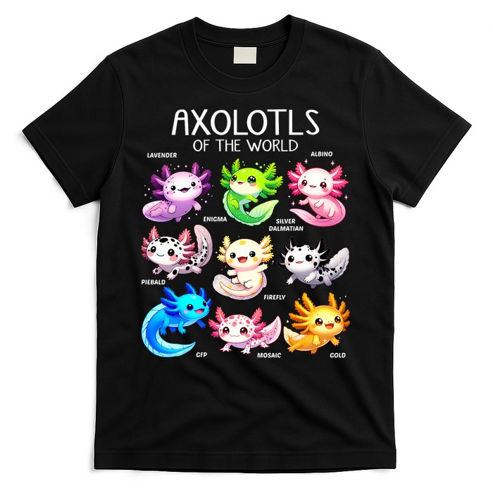 Axolotls Of The World Kawaii Types Of Axolotl Fish Amphibian T-Shirt
