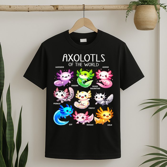 Axolotls Of The World Kawaii Types Of Axolotl Fish Amphibian T-Shirt