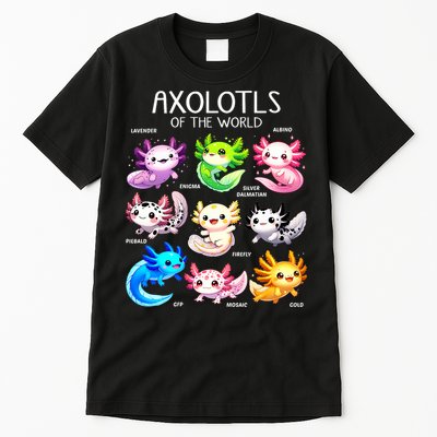 Axolotls Of The World Kawaii Types Of Axolotl Fish Amphibian Tall T-Shirt