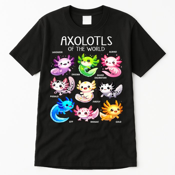 Axolotls Of The World Kawaii Types Of Axolotl Fish Amphibian Tall T-Shirt