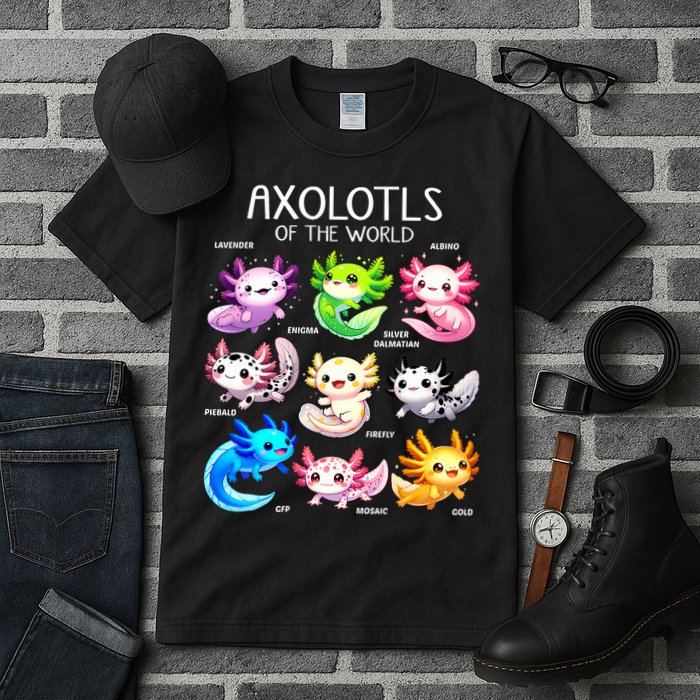 Axolotls Of The World Kawaii Types Of Axolotl Fish Amphibian Tall T-Shirt