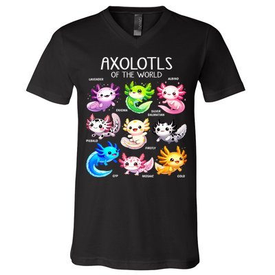 Axolotls Of The World Kawaii Types Of Axolotl Fish Amphibian V-Neck T-Shirt