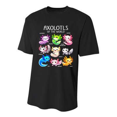 Axolotls Of The World Kawaii Types Of Axolotl Fish Amphibian Youth Performance Sprint T-Shirt