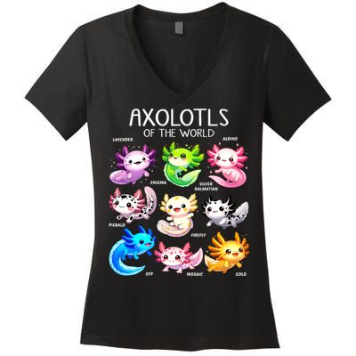 Axolotls Of The World Kawaii Types Of Axolotl Fish Amphibian Women's V-Neck T-Shirt