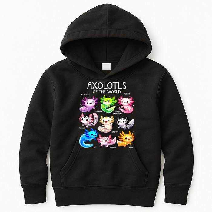 Axolotls Of The World Kawaii Types Of Axolotl Fish Amphibian Kids Hoodie