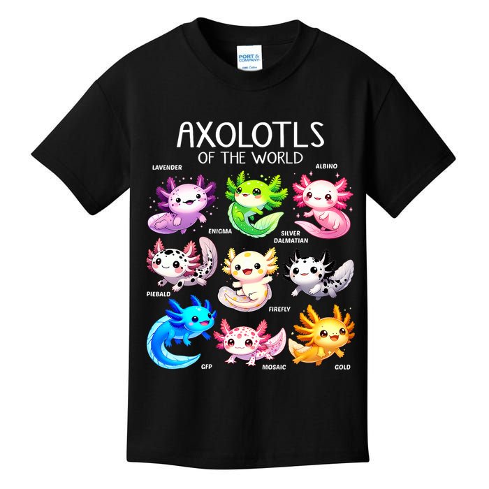Axolotls Of The World Kawaii Types Of Axolotl Fish Amphibian Kids T-Shirt